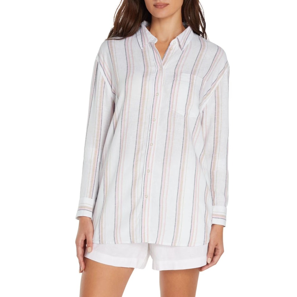 Gap Womens Linen Blend Button Down Shirt XL Multi Relaxed Fit Long Sleeve Stripe - Picture 2 of 8